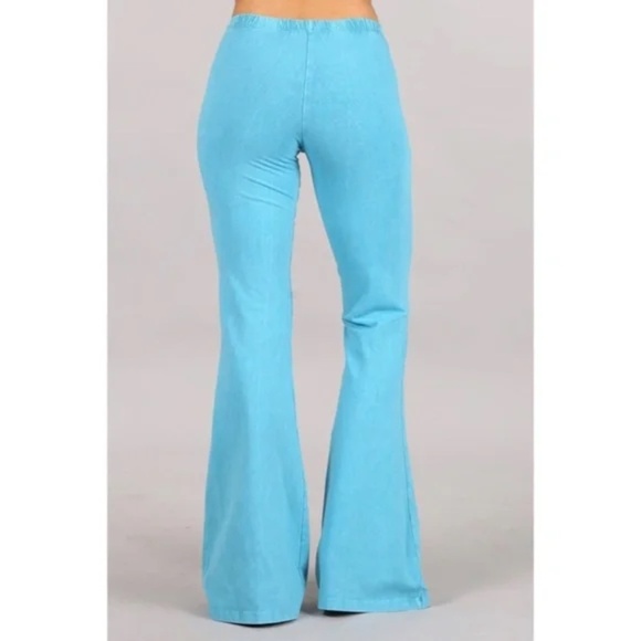 Bright Aqua Blue Boho Mineral Wash Stretch Flared Bell Bottom Casual Pants - Picture 4 of 6